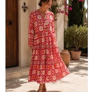Tuckernuck Ros Garden Tiered Maxi Dress Medium Red Geometric Cotton Boho Coastal